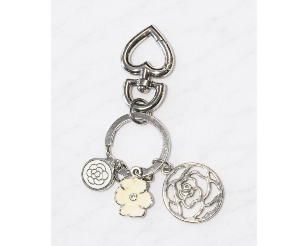 Camellia Flowers Silver Tone Floral Bag Charm Key Chain with Heart Clasp
